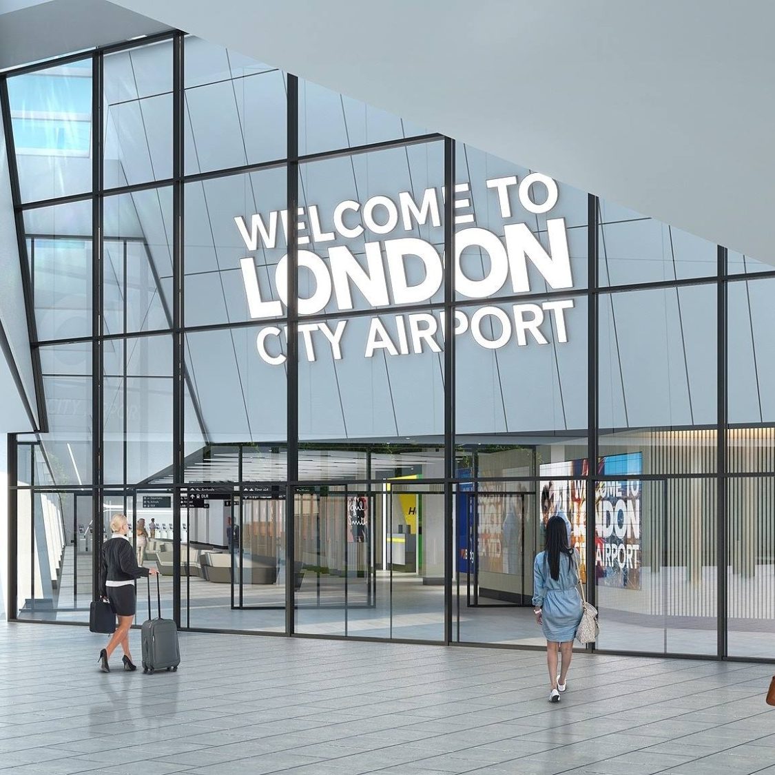 Londo City Airport Transfer Modern airport entrance with large glass panels and "Welcome to London City Airport" signage.
