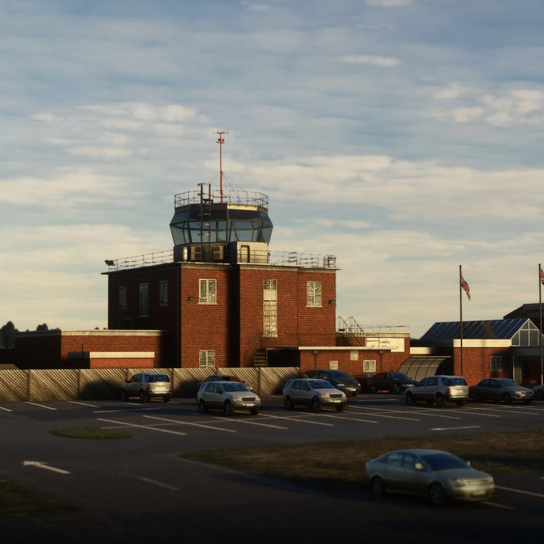 Crystal Cars Airport Transfer in Biggin Hill Airport Control tower of a small airport with several parked cars and a cloudy sky.